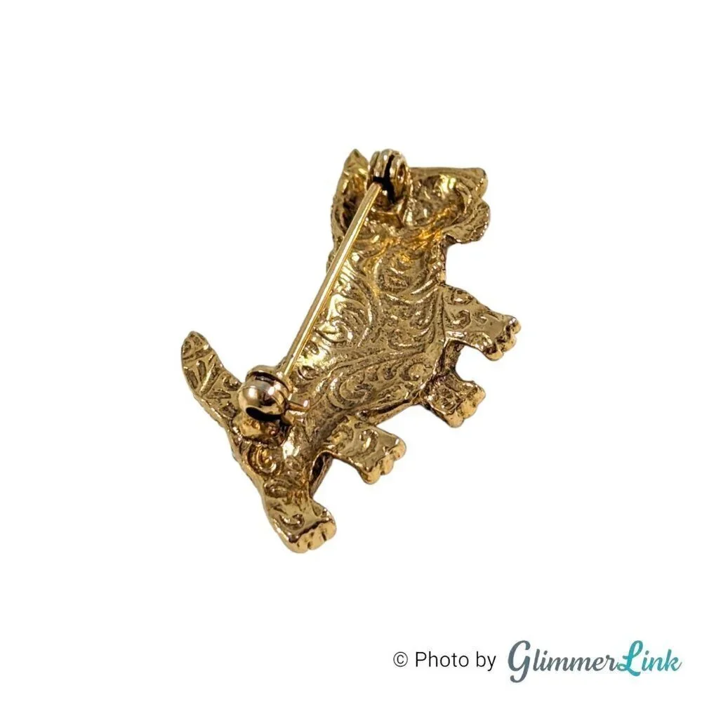 Vintage 1928 Scottish Terrier Clear & Black Pave Rhinestone Gold Tone Brooch Pin